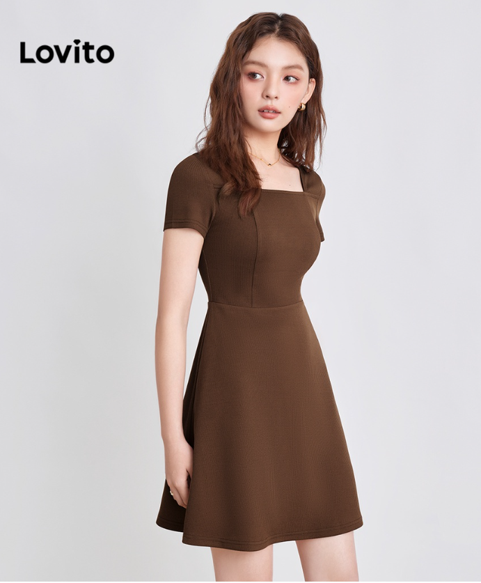 Lovito Casual Plain Draw Back Square Neck Elegant A-Line Women Dress L36ED027 (Brown)