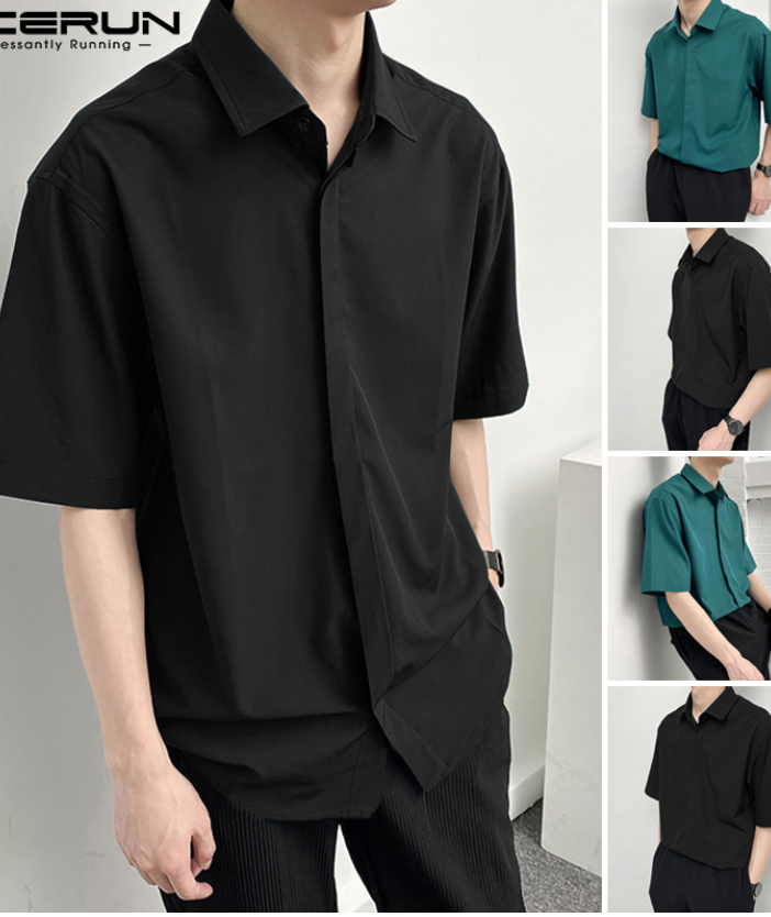 INCERUN Men's Fashion Plain Short Sleeve Buttons Loose Casual Shirts
